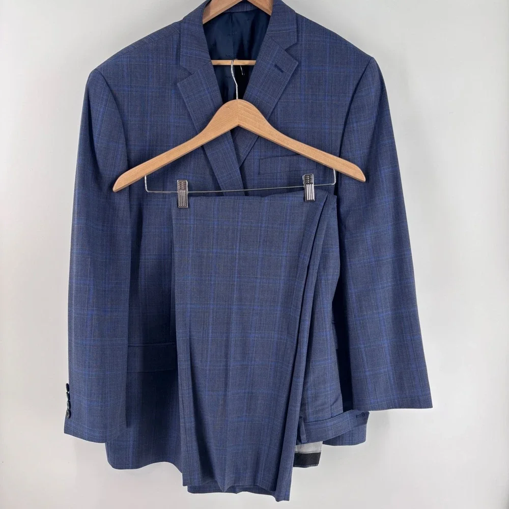 Michael Kors Suit Mens 48R 40W Blue Grey Plaid Wool Blend Natural Stretch
